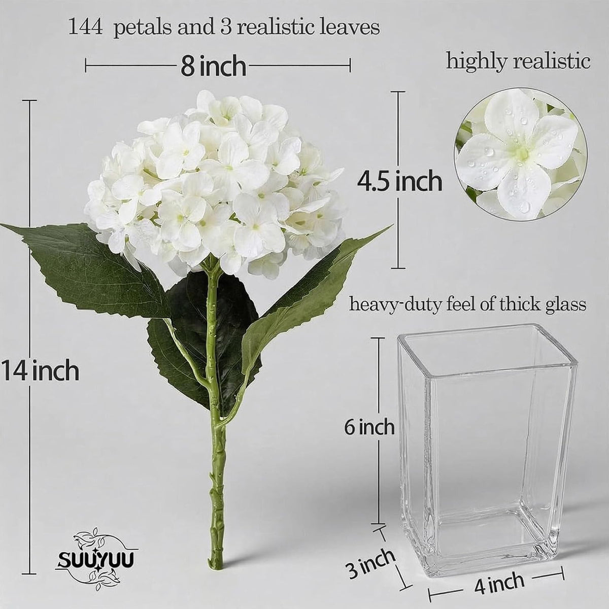 Hydrangea Artificial Flowers with Vase Real Touch Silk Faux Hydrangea Floral Arrangement in Glass Vase Fake Hydrangea Stems Plant Bouquet for Office Coffee Table Centerpieces Home Decor