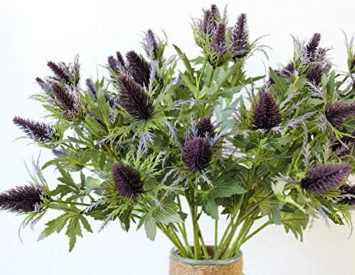 Artificial Flowers Artificial Thistle Spray Eryngo Fake Eryngium Foetidum Simulation Sea Holly for Wedding Bouquet Centerpiece Home Decor (Purple Gray, 3)