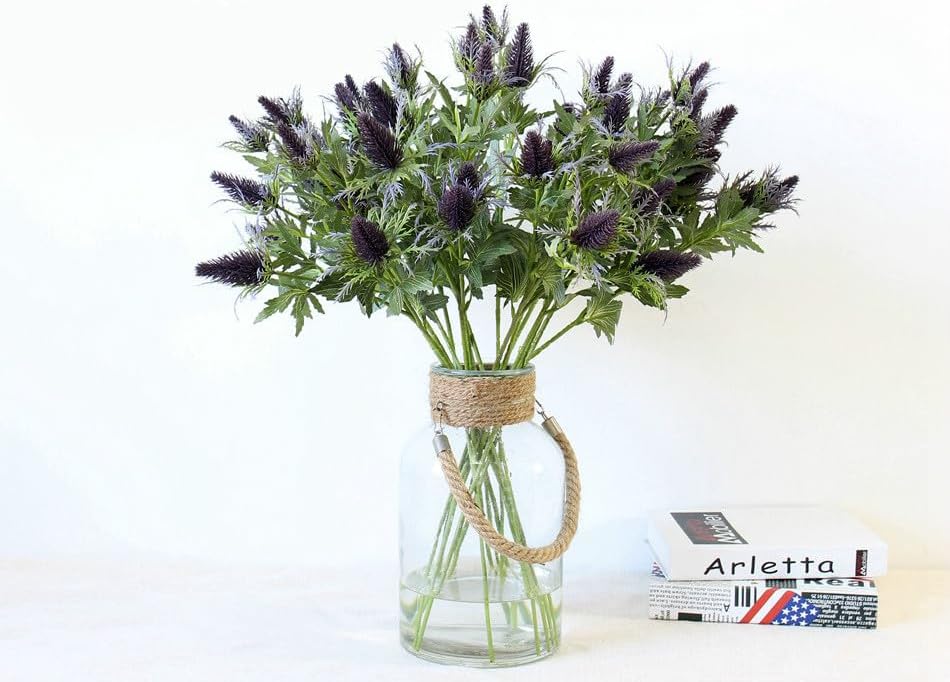 Artificial Flowers Artificial Thistle Spray Eryngo Fake Eryngium Foetidum Simulation Sea Holly for Wedding Bouquet Centerpiece Home Decor (Purple Gray, 3)