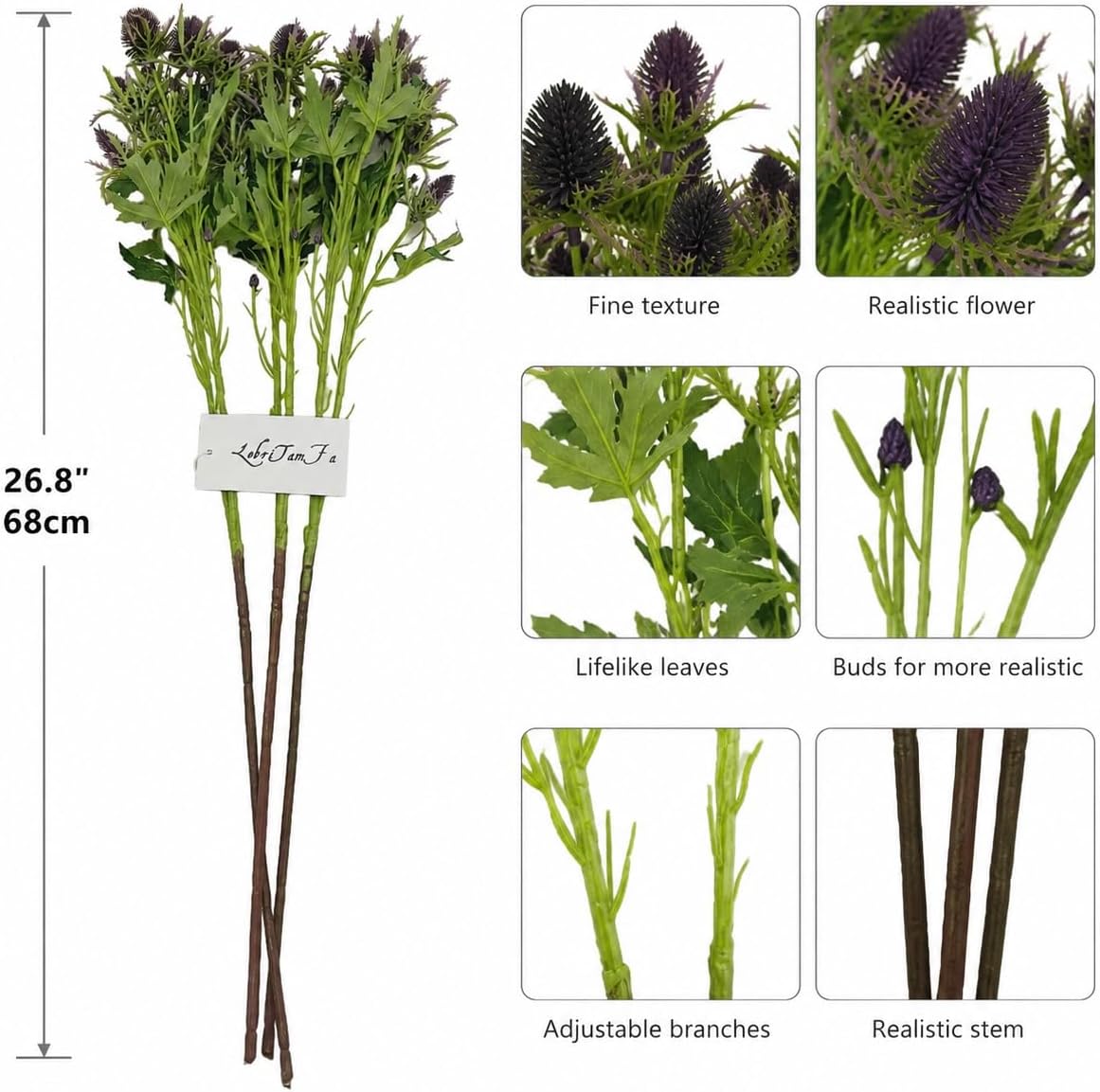 Artificial Flowers Artificial Thistle Spray Eryngo Fake Eryngium Foetidum Simulation Sea Holly for Wedding Bouquet Centerpiece Home Decor (Purple Gray, 3)