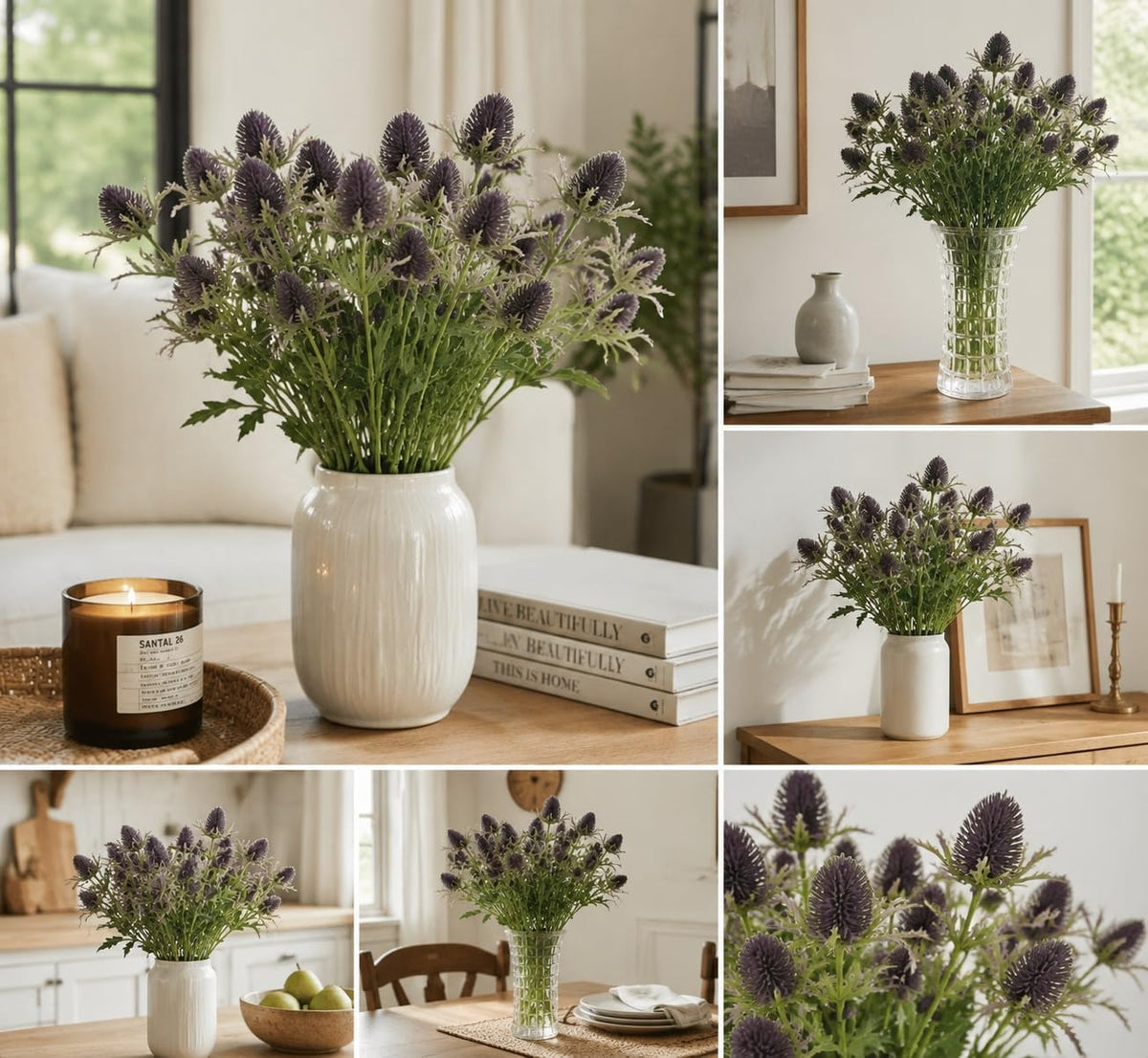 Artificial Flowers Artificial Thistle Spray Eryngo Fake Eryngium Foetidum Simulation Sea Holly for Wedding Bouquet Centerpiece Home Decor (Purple Gray, 3)