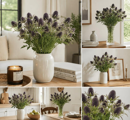 Artificial Flowers Artificial Thistle Spray Eryngo Fake Eryngium Foetidum Simulation Sea Holly for Wedding Bouquet Centerpiece Home Decor (Purple Gray, 3)