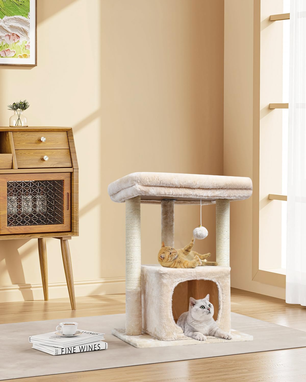 27" Cactus Cat Tree for Indoor Cats, Green Modern Activity Tower | Scratching Posts, Kitten Condo with Plush Perch & Hanging Ball for Play