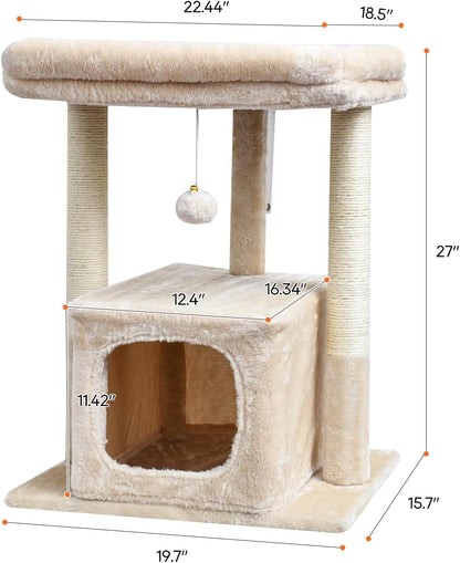 27" Cactus Cat Tree for Indoor Cats, Green Modern Activity Tower | Scratching Posts, Kitten Condo with Plush Perch & Hanging Ball for Play