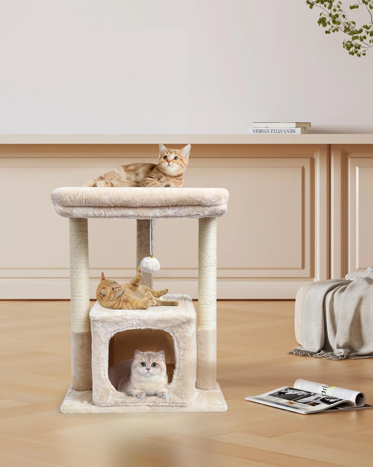 27" Cactus Cat Tree for Indoor Cats, Green Modern Activity Tower | Scratching Posts, Kitten Condo with Plush Perch & Hanging Ball for Play
