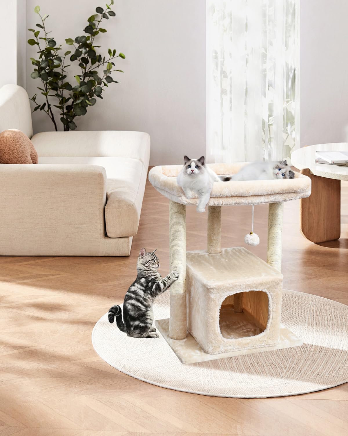 27" Cactus Cat Tree for Indoor Cats, Green Modern Activity Tower | Scratching Posts, Kitten Condo with Plush Perch & Hanging Ball for Play