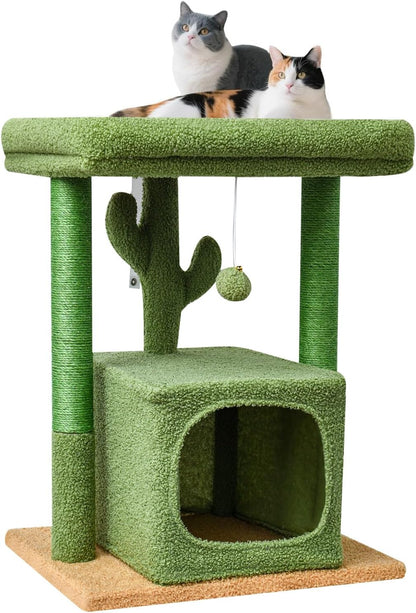 27" Cactus Cat Tree for Indoor Cats, Green Modern Activity Tower | Scratching Posts, Kitten Condo with Plush Perch & Hanging Ball for Play