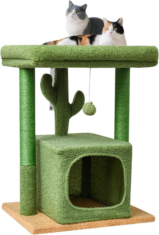 27" Cactus Cat Tree for Indoor Cats, Green Modern Activity Tower | Scratching Posts, Kitten Condo with Plush Perch & Hanging Ball for Play