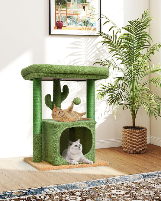 27" Cactus Cat Tree for Indoor Cats, Green Modern Activity Tower | Scratching Posts, Kitten Condo with Plush Perch & Hanging Ball for Play
