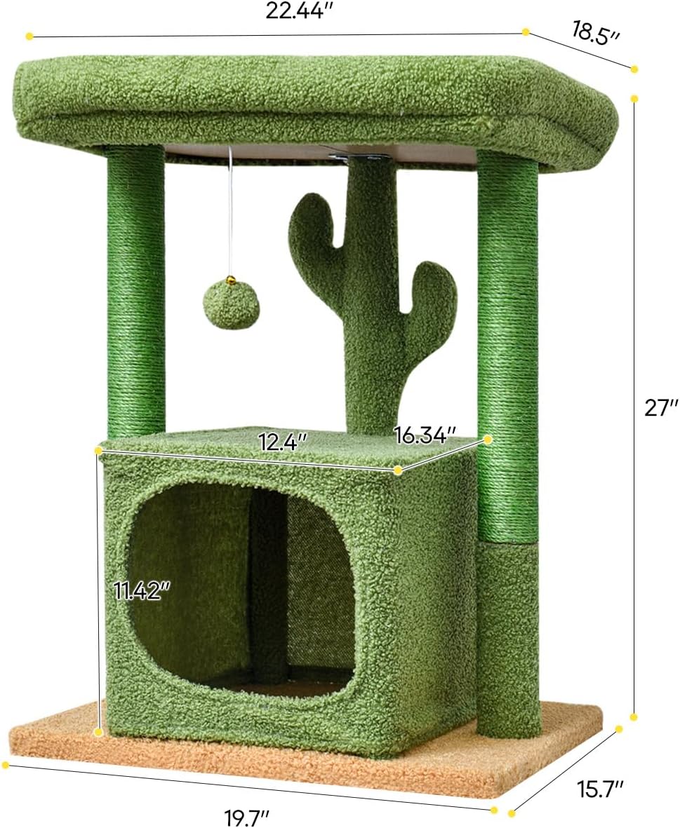 27" Cactus Cat Tree for Indoor Cats, Green Modern Activity Tower | Scratching Posts, Kitten Condo with Plush Perch & Hanging Ball for Play