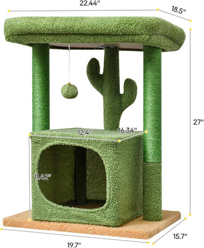 27" Cactus Cat Tree for Indoor Cats, Green Modern Activity Tower | Scratching Posts, Kitten Condo with Plush Perch & Hanging Ball for Play