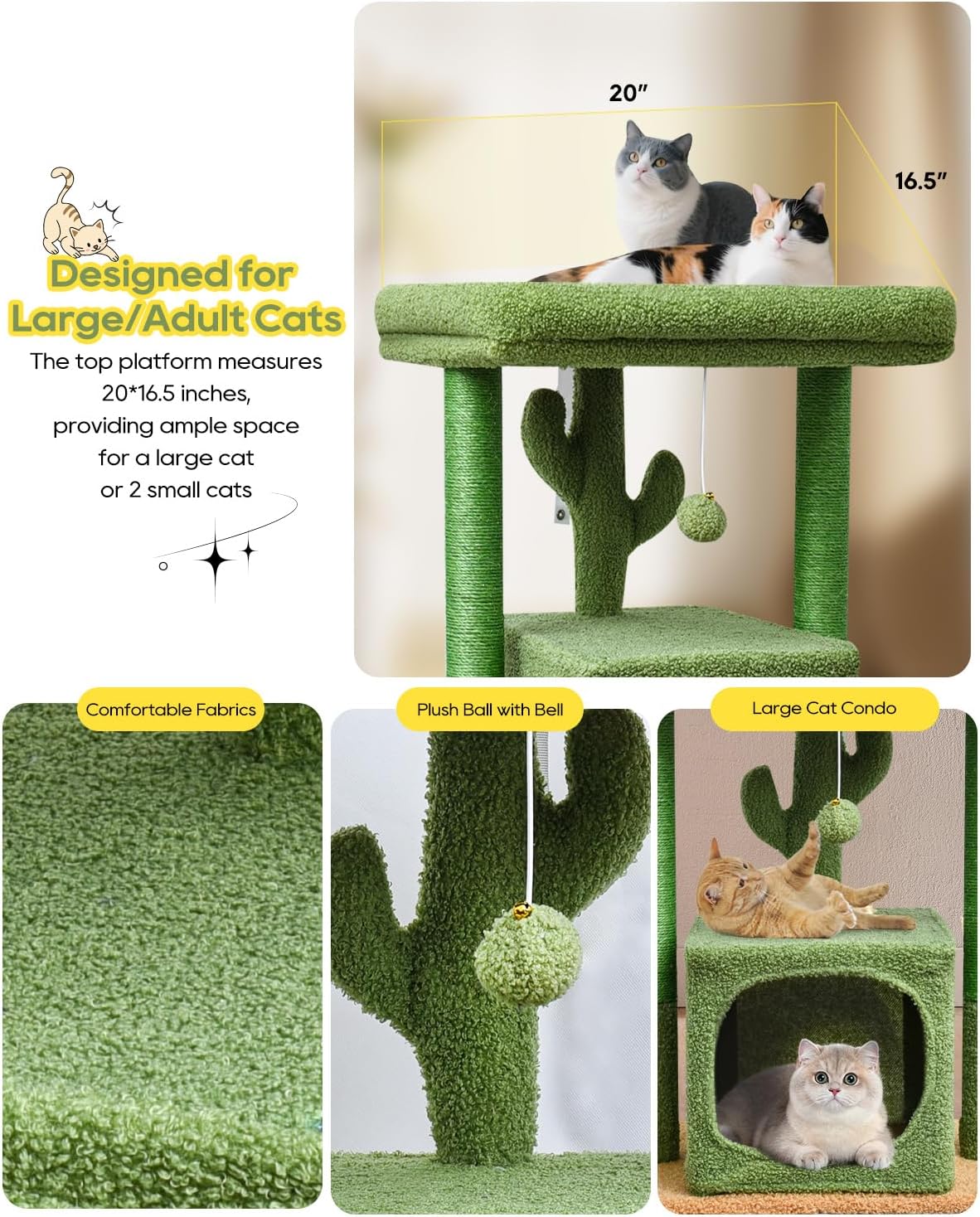 27" Cactus Cat Tree for Indoor Cats, Green Modern Activity Tower | Scratching Posts, Kitten Condo with Plush Perch & Hanging Ball for Play