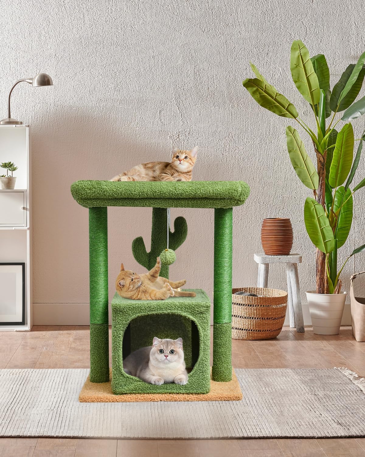 27" Cactus Cat Tree for Indoor Cats, Green Modern Activity Tower | Scratching Posts, Kitten Condo with Plush Perch & Hanging Ball for Play