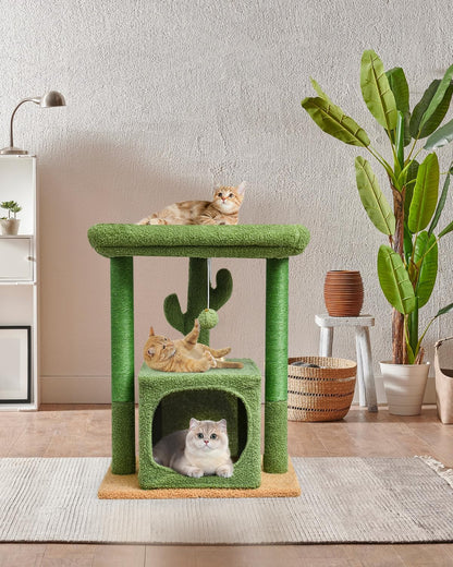 27" Cactus Cat Tree for Indoor Cats, Green Modern Activity Tower | Scratching Posts, Kitten Condo with Plush Perch & Hanging Ball for Play