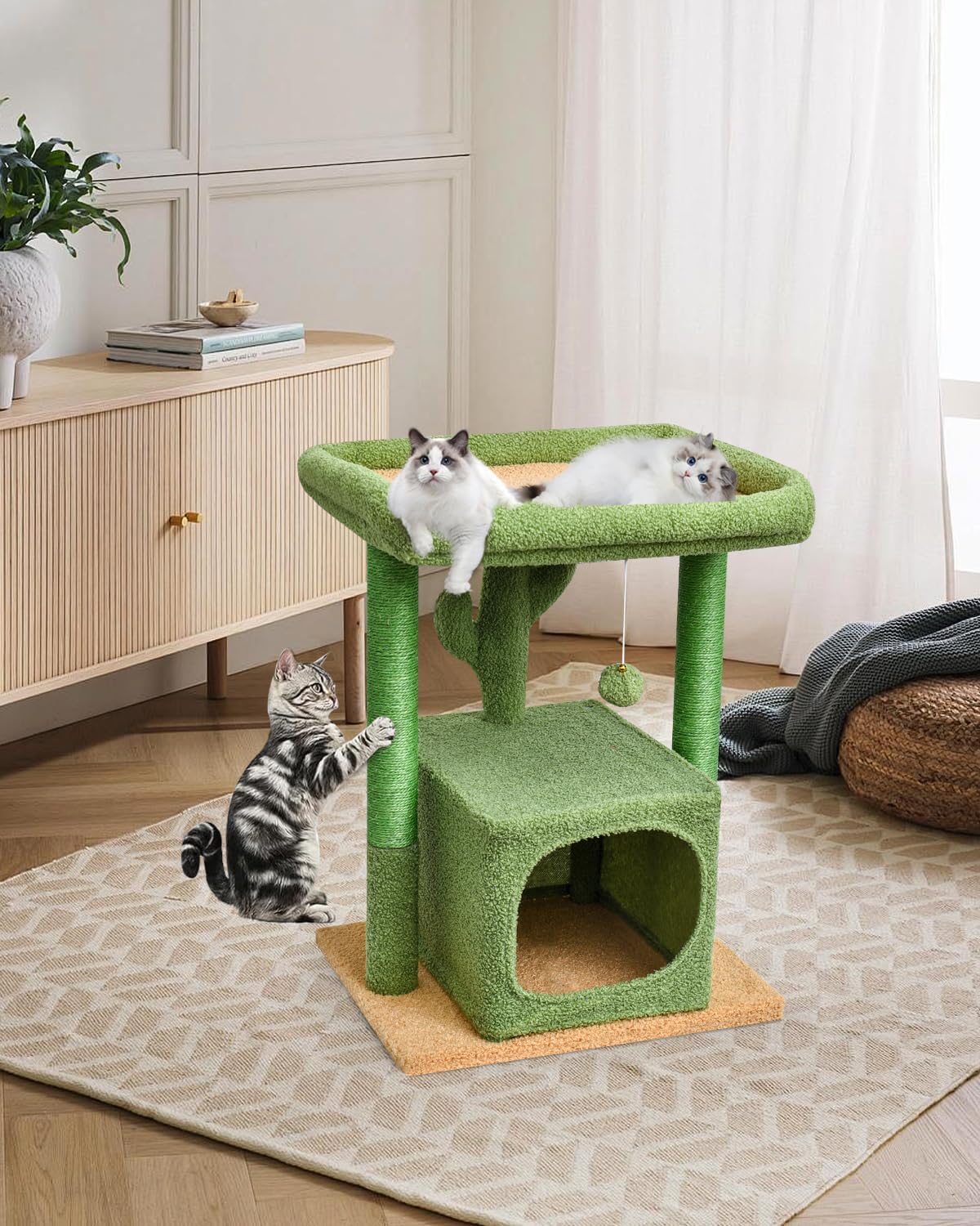 27" Cactus Cat Tree for Indoor Cats, Green Modern Activity Tower | Scratching Posts, Kitten Condo with Plush Perch & Hanging Ball for Play