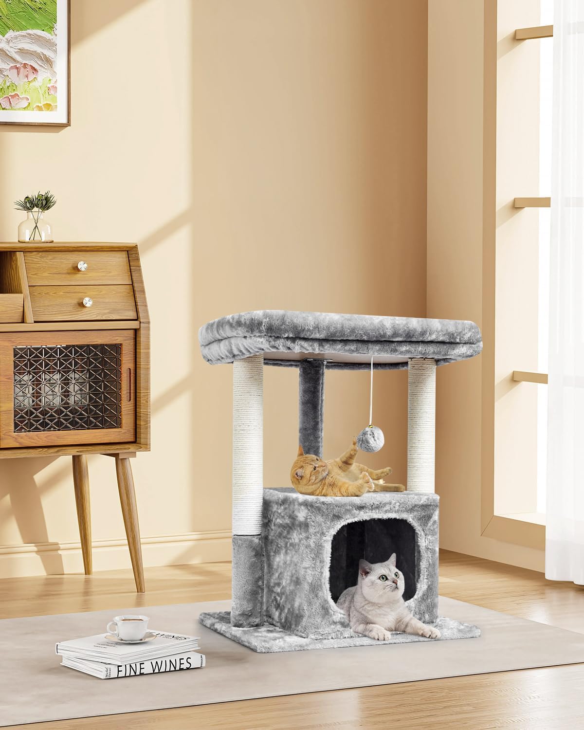 27" Cactus Cat Tree for Indoor Cats, Green Modern Activity Tower | Scratching Posts, Kitten Condo with Plush Perch & Hanging Ball for Play