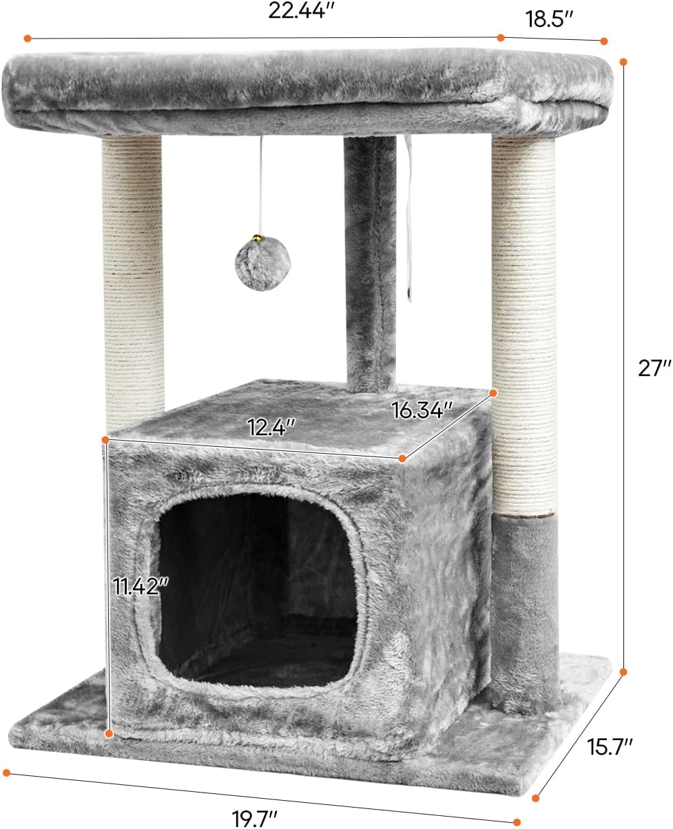27" Cactus Cat Tree for Indoor Cats, Green Modern Activity Tower | Scratching Posts, Kitten Condo with Plush Perch & Hanging Ball for Play