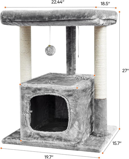 27" Cactus Cat Tree for Indoor Cats, Green Modern Activity Tower | Scratching Posts, Kitten Condo with Plush Perch & Hanging Ball for Play