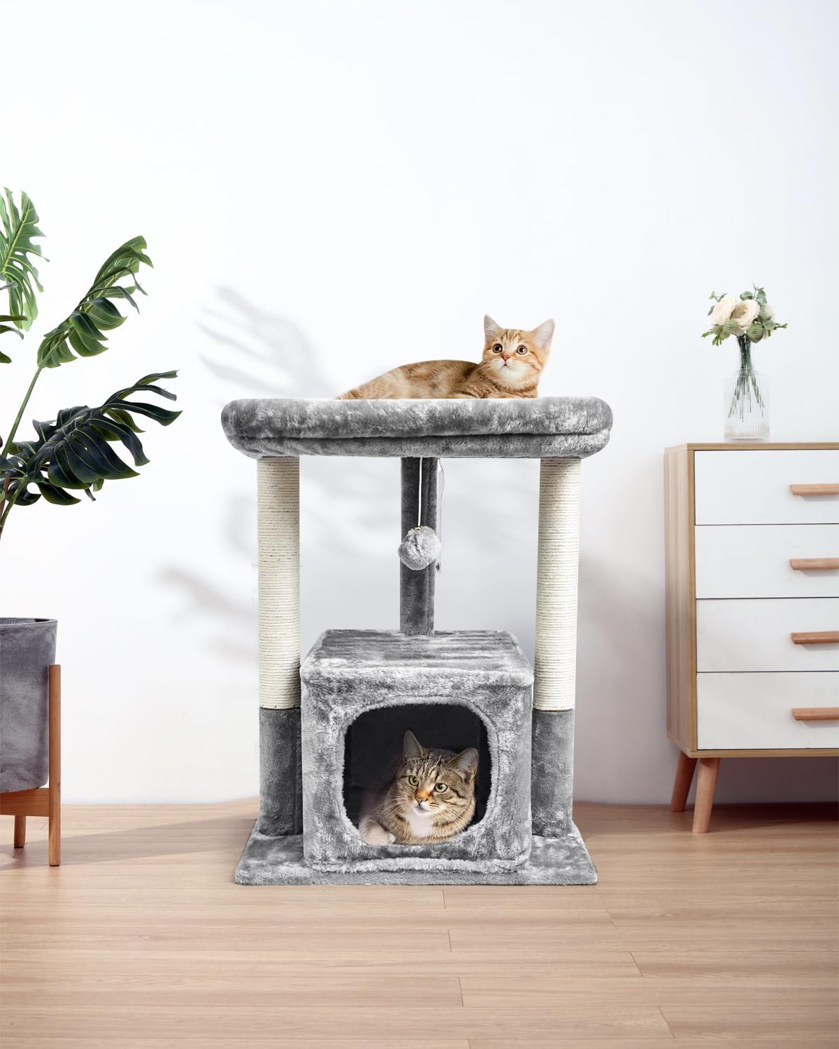 27" Cactus Cat Tree for Indoor Cats, Green Modern Activity Tower | Scratching Posts, Kitten Condo with Plush Perch & Hanging Ball for Play