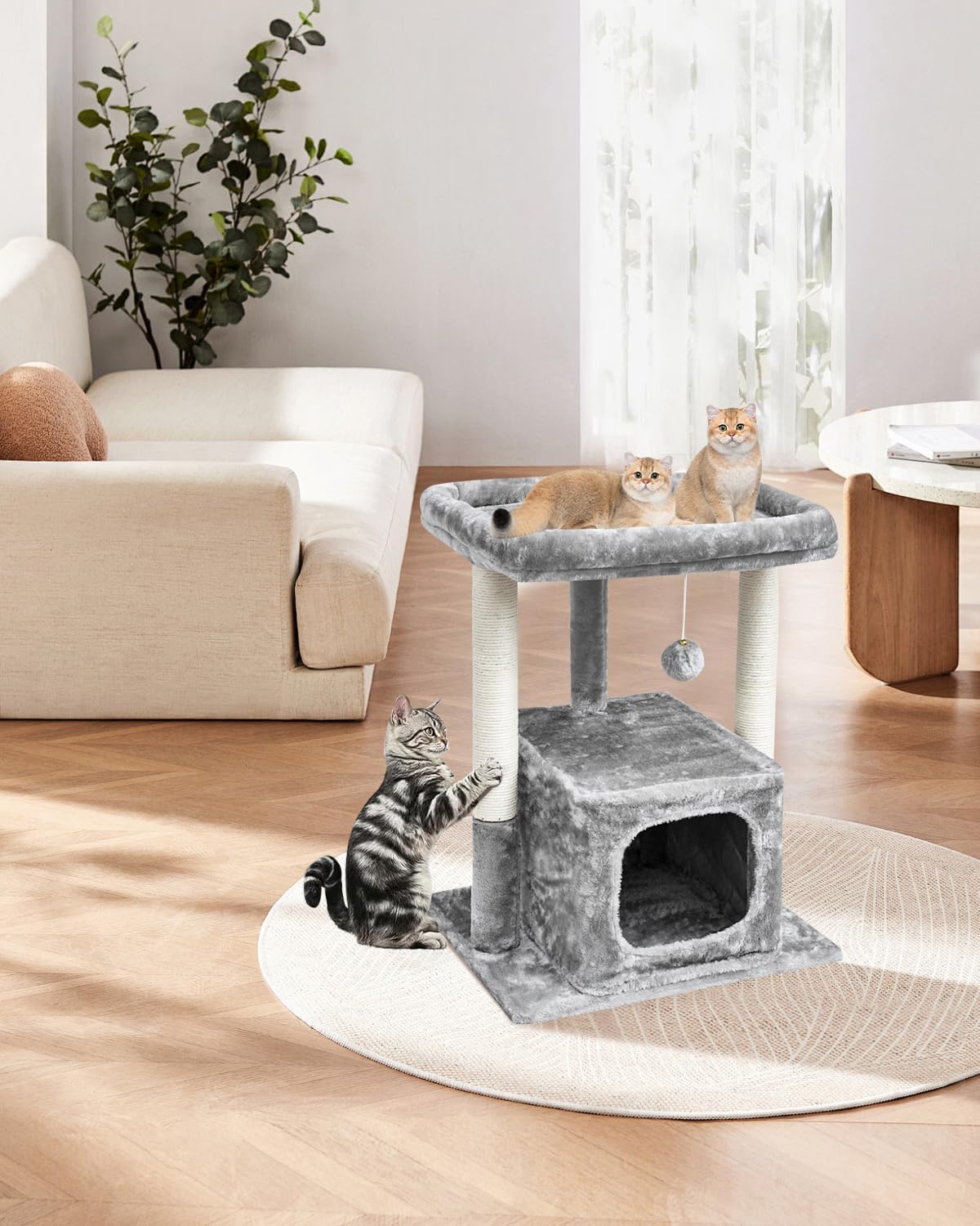 27" Cactus Cat Tree for Indoor Cats, Green Modern Activity Tower | Scratching Posts, Kitten Condo with Plush Perch & Hanging Ball for Play