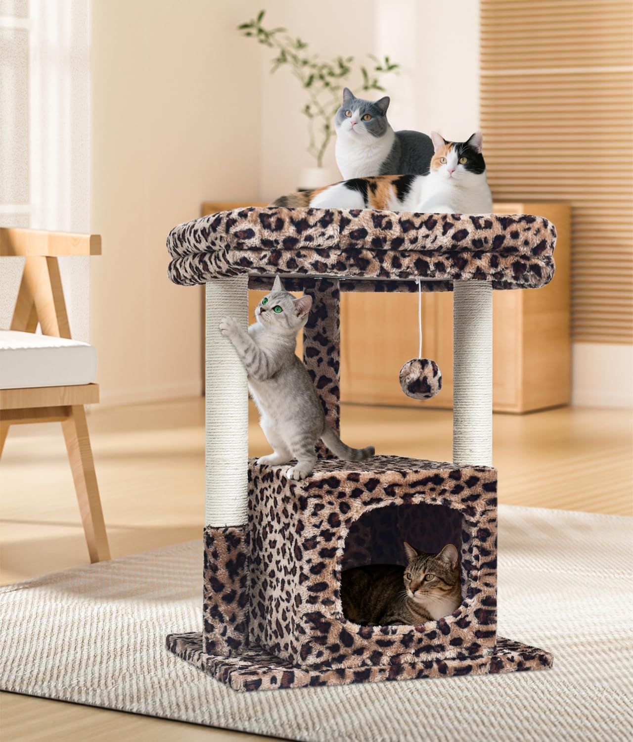 27" Cactus Cat Tree for Indoor Cats, Green Modern Activity Tower | Scratching Posts, Kitten Condo with Plush Perch & Hanging Ball for Play
