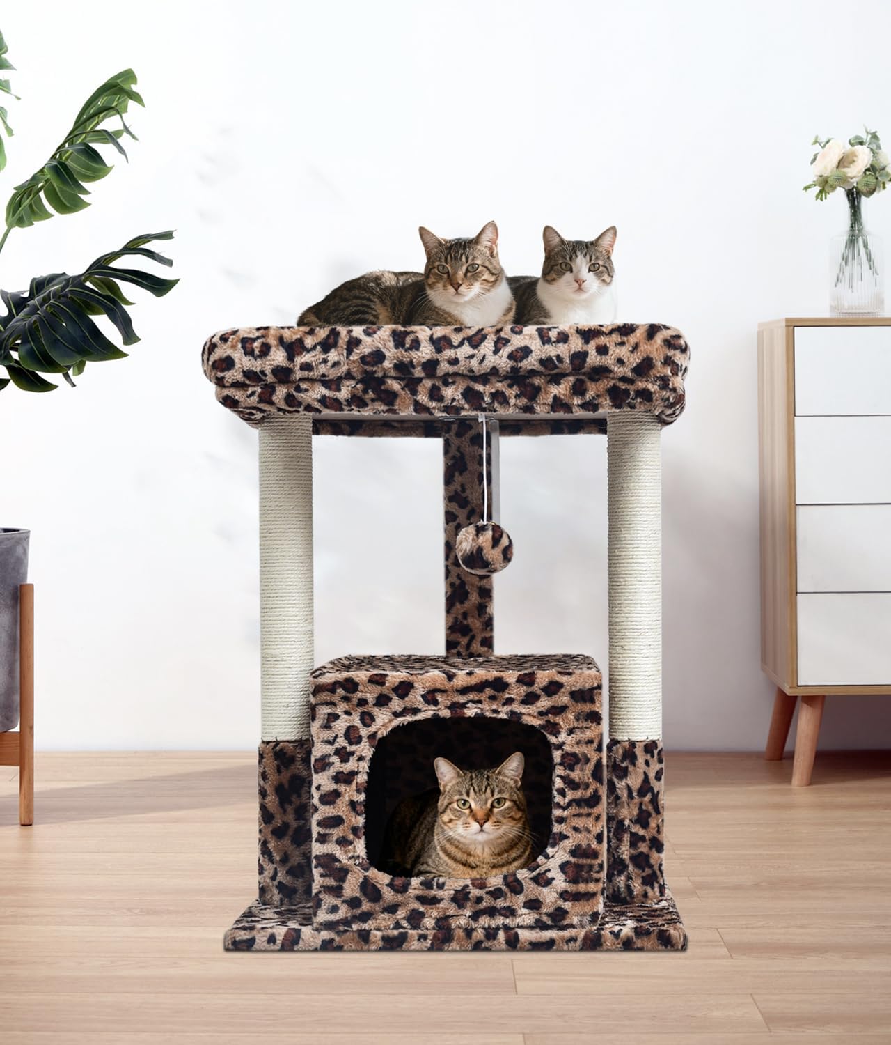 27" Cactus Cat Tree for Indoor Cats, Green Modern Activity Tower | Scratching Posts, Kitten Condo with Plush Perch & Hanging Ball for Play