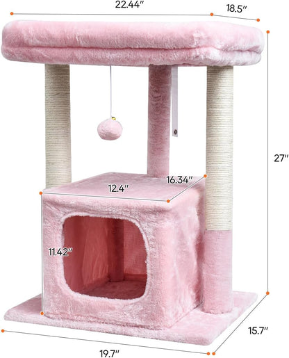 27" Cactus Cat Tree for Indoor Cats, Green Modern Activity Tower | Scratching Posts, Kitten Condo with Plush Perch & Hanging Ball for Play