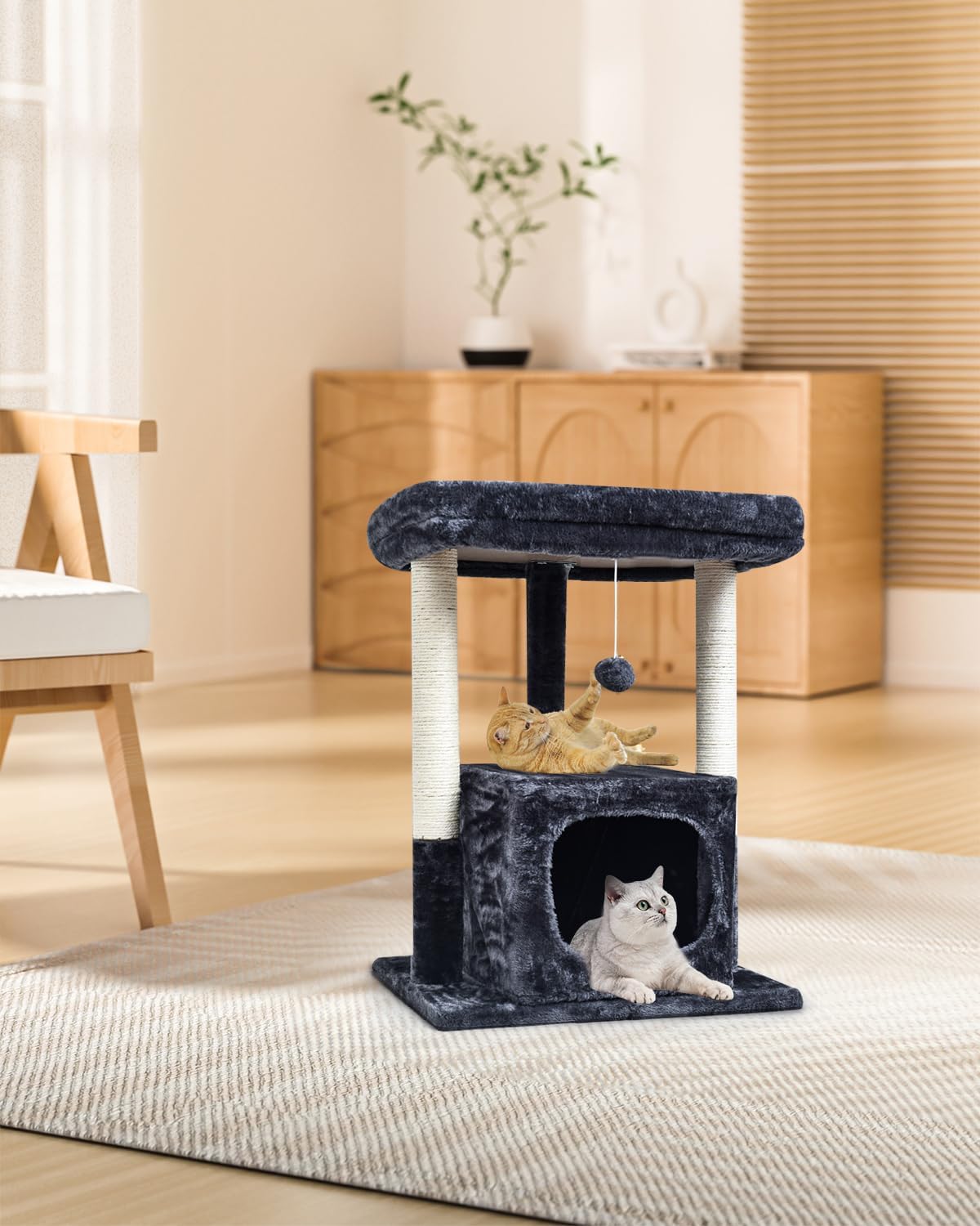 27" Cactus Cat Tree for Indoor Cats, Green Modern Activity Tower | Scratching Posts, Kitten Condo with Plush Perch & Hanging Ball for Play