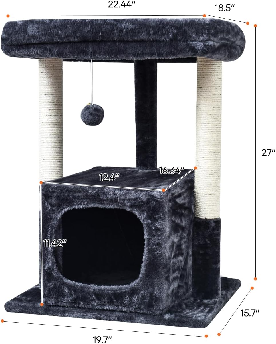 27" Cactus Cat Tree for Indoor Cats, Green Modern Activity Tower | Scratching Posts, Kitten Condo with Plush Perch & Hanging Ball for Play