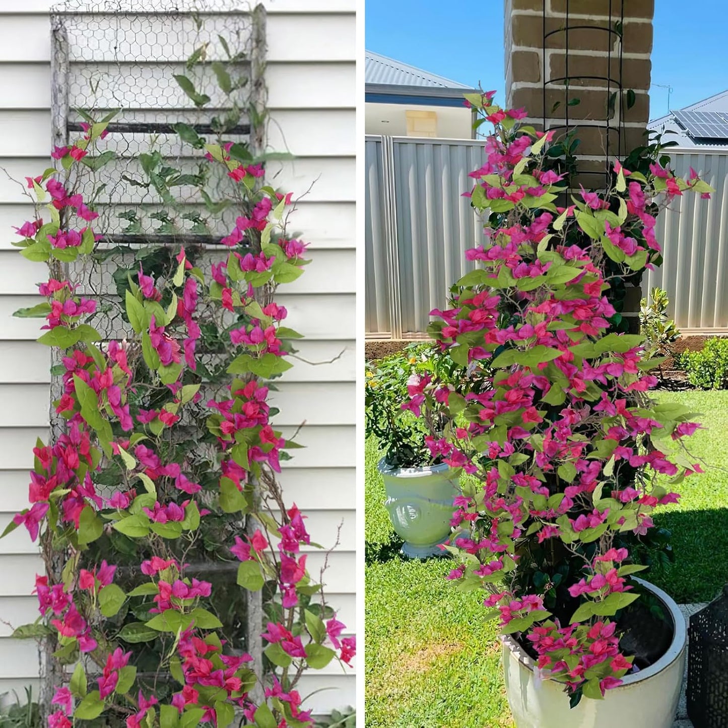 Artificial Bougainvillea Flowers Garland Fuchsia Silk Bougainvillea Vines UV Resistant Realistic Faux Hanging Flowers Plants for Outdoor Outside Summer Decoration Porch Patio Balcony Yard Wall