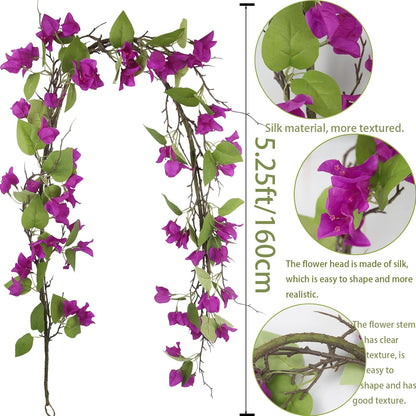 Artificial Bougainvillea Flowers Garland Fuchsia Silk Bougainvillea Vines UV Resistant Realistic Faux Hanging Flowers Plants for Outdoor Outside Summer Decoration Porch Patio Balcony Yard Wall