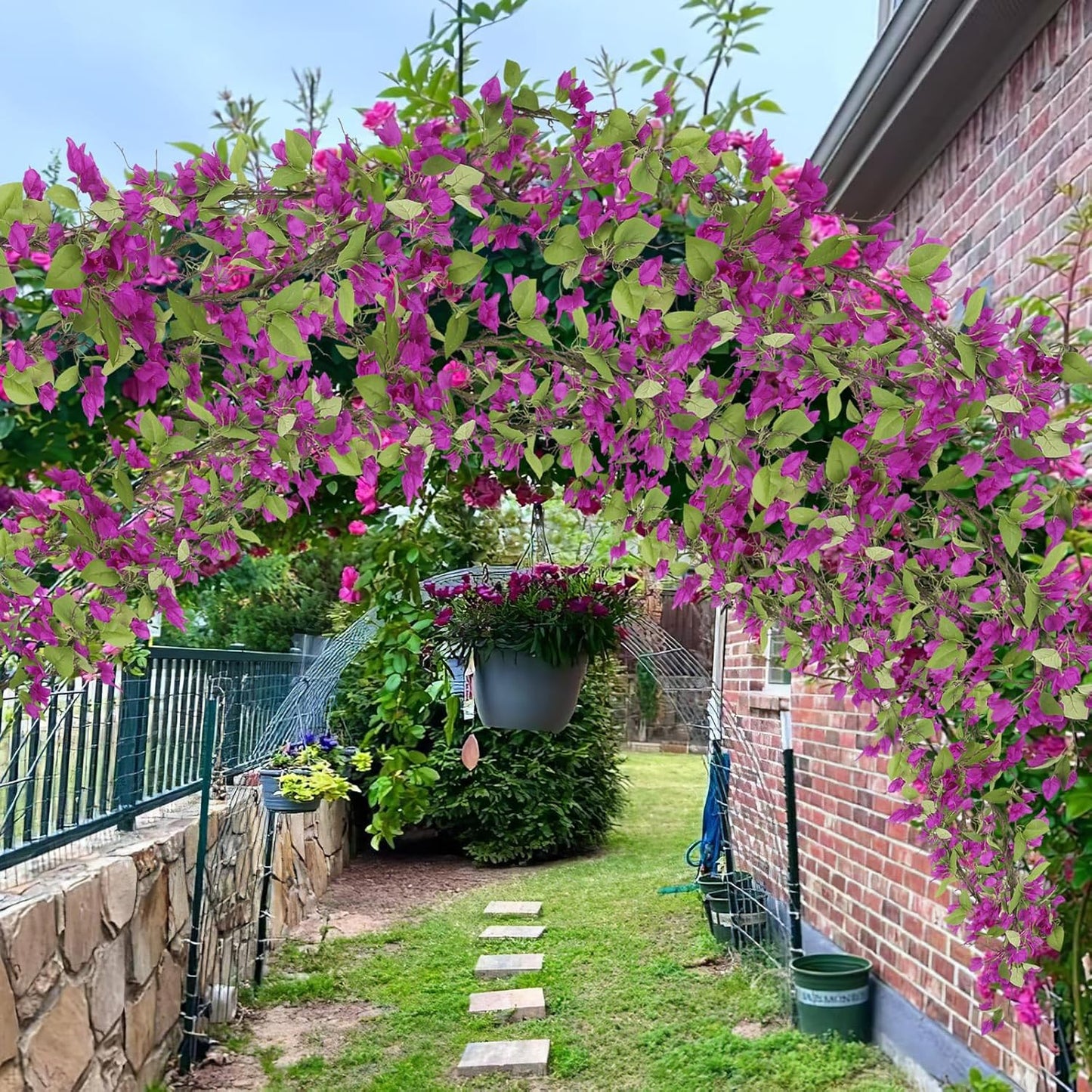 Artificial Bougainvillea Flowers Garland Fuchsia Silk Bougainvillea Vines UV Resistant Realistic Faux Hanging Flowers Plants for Outdoor Outside Summer Decoration Porch Patio Balcony Yard Wall
