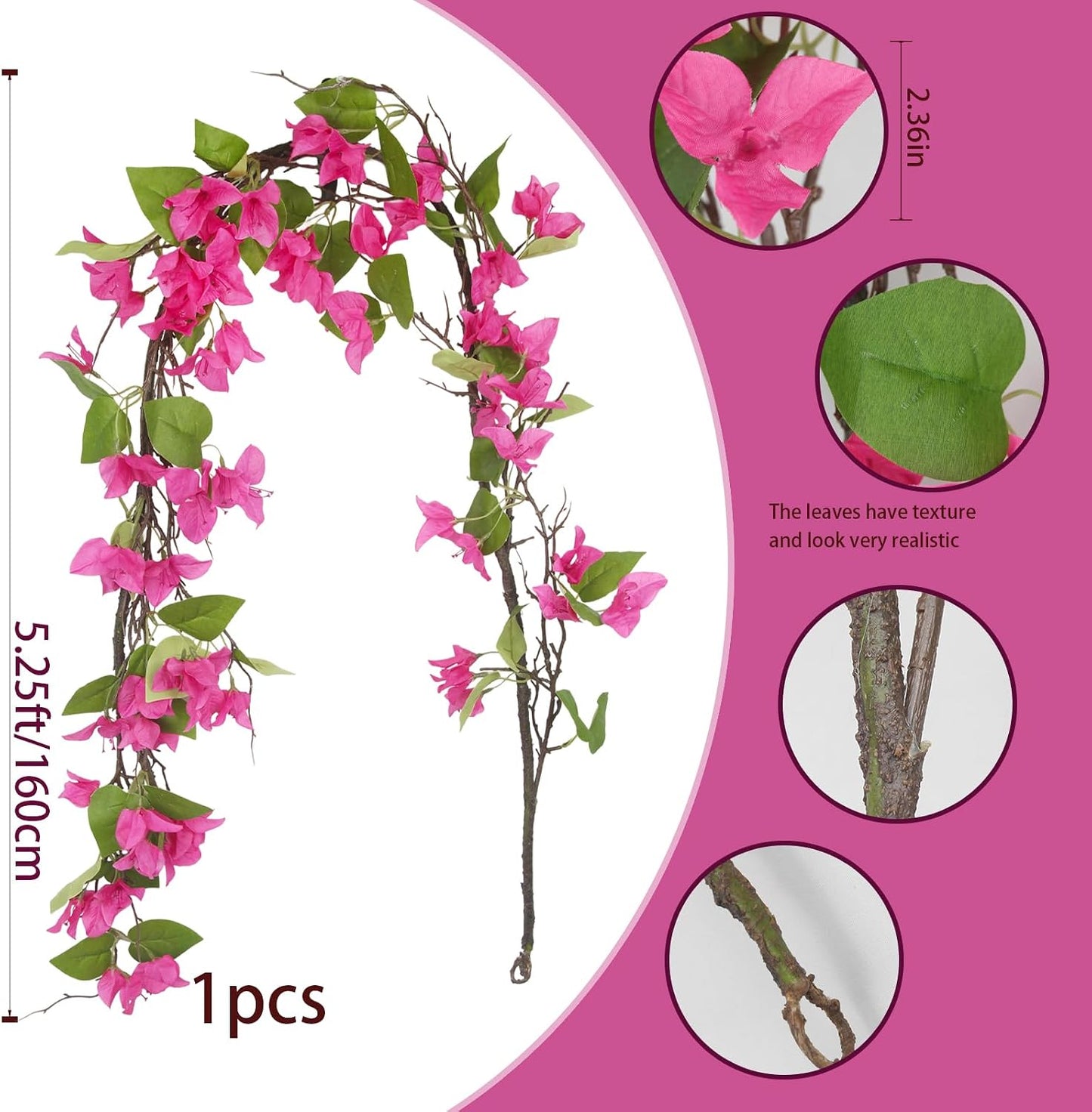 Artificial Bougainvillea Flowers Garland Fuchsia Silk Bougainvillea Vines UV Resistant Realistic Faux Hanging Flowers Plants for Outdoor Outside Summer Decoration Porch Patio Balcony Yard Wall