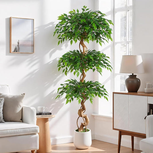 6ft Large Ficus Artificial Trees in White Pot, 72" Tall Fake Silk Tree with Natural Curved Trunk, Lush Faux Ficus Tree for Indoor Home Decor, Living Room, Office & Patio
