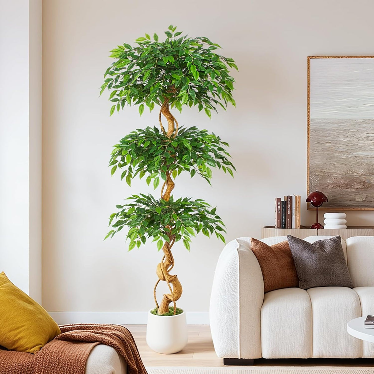 6ft Large Ficus Artificial Trees in White Pot, 72" Tall Fake Silk Tree with Natural Curved Trunk, Lush Faux Ficus Tree for Indoor Home Decor, Living Room, Office & Patio