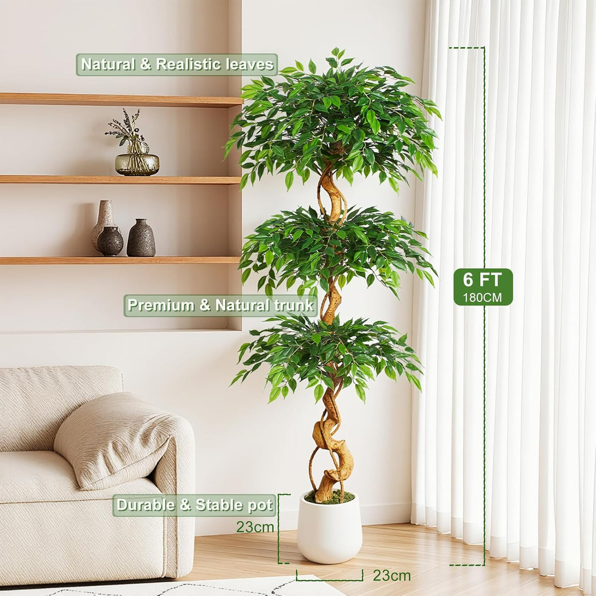 6ft Large Ficus Artificial Trees in White Pot, 72" Tall Fake Silk Tree with Natural Curved Trunk, Lush Faux Ficus Tree for Indoor Home Decor, Living Room, Office & Patio