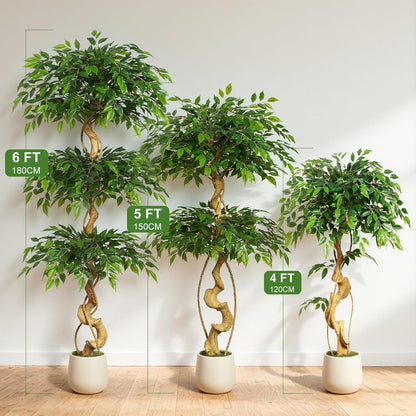 6ft Large Ficus Artificial Trees in White Pot, 72" Tall Fake Silk Tree with Natural Curved Trunk, Lush Faux Ficus Tree for Indoor Home Decor, Living Room, Office & Patio