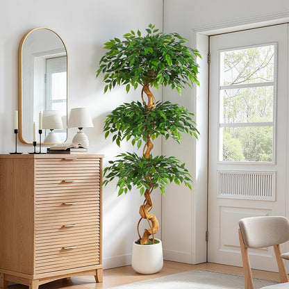 6ft Large Ficus Artificial Trees in White Pot, 72" Tall Fake Silk Tree with Natural Curved Trunk, Lush Faux Ficus Tree for Indoor Home Decor, Living Room, Office & Patio