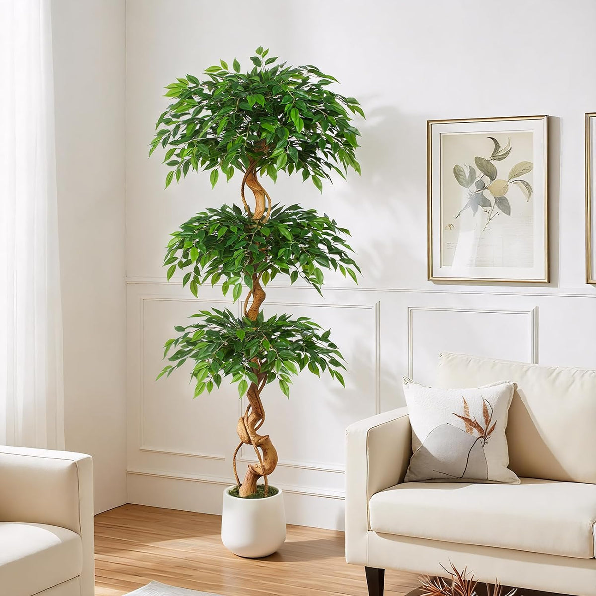 6ft Large Ficus Artificial Trees in White Pot, 72" Tall Fake Silk Tree with Natural Curved Trunk, Lush Faux Ficus Tree for Indoor Home Decor, Living Room, Office & Patio