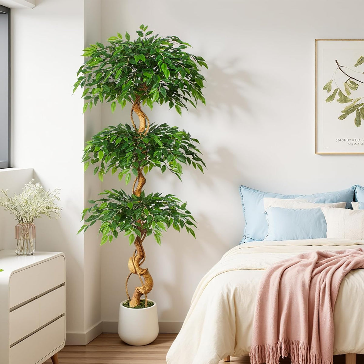 6ft Large Ficus Artificial Trees in White Pot, 72" Tall Fake Silk Tree with Natural Curved Trunk, Lush Faux Ficus Tree for Indoor Home Decor, Living Room, Office & Patio