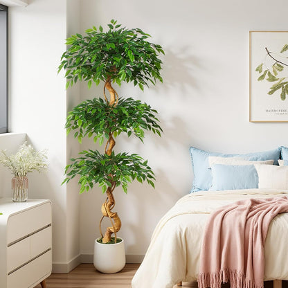 6ft Large Ficus Artificial Trees in White Pot, 72" Tall Fake Silk Tree with Natural Curved Trunk, Lush Faux Ficus Tree for Indoor Home Decor, Living Room, Office & Patio