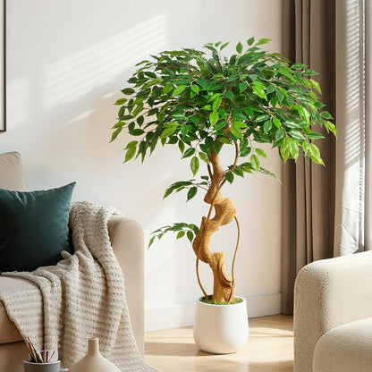 6ft Large Ficus Artificial Trees in White Pot, 72" Tall Fake Silk Tree with Natural Curved Trunk, Lush Faux Ficus Tree for Indoor Home Decor, Living Room, Office & Patio