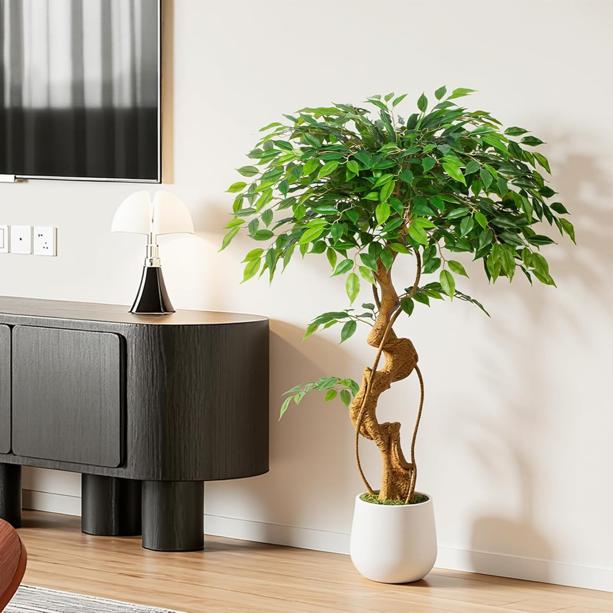 6ft Large Ficus Artificial Trees in White Pot, 72" Tall Fake Silk Tree with Natural Curved Trunk, Lush Faux Ficus Tree for Indoor Home Decor, Living Room, Office & Patio
