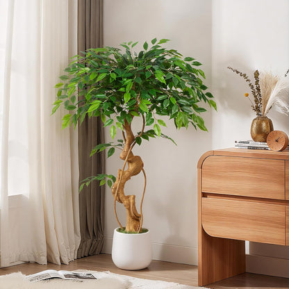6ft Large Ficus Artificial Trees in White Pot, 72" Tall Fake Silk Tree with Natural Curved Trunk, Lush Faux Ficus Tree for Indoor Home Decor, Living Room, Office & Patio