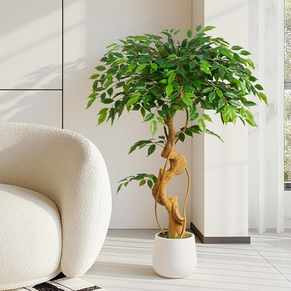6ft Large Ficus Artificial Trees in White Pot, 72" Tall Fake Silk Tree with Natural Curved Trunk, Lush Faux Ficus Tree for Indoor Home Decor, Living Room, Office & Patio