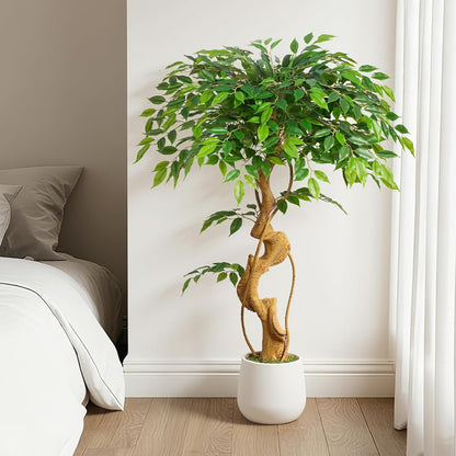 6ft Large Ficus Artificial Trees in White Pot, 72" Tall Fake Silk Tree with Natural Curved Trunk, Lush Faux Ficus Tree for Indoor Home Decor, Living Room, Office & Patio