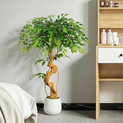 6ft Large Ficus Artificial Trees in White Pot, 72" Tall Fake Silk Tree with Natural Curved Trunk, Lush Faux Ficus Tree for Indoor Home Decor, Living Room, Office & Patio