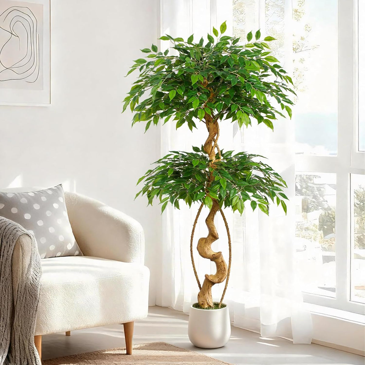6ft Large Ficus Artificial Trees in White Pot, 72" Tall Fake Silk Tree with Natural Curved Trunk, Lush Faux Ficus Tree for Indoor Home Decor, Living Room, Office & Patio