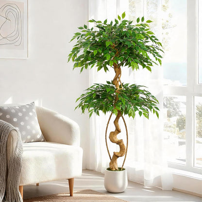 6ft Large Ficus Artificial Trees in White Pot, 72" Tall Fake Silk Tree with Natural Curved Trunk, Lush Faux Ficus Tree for Indoor Home Decor, Living Room, Office & Patio