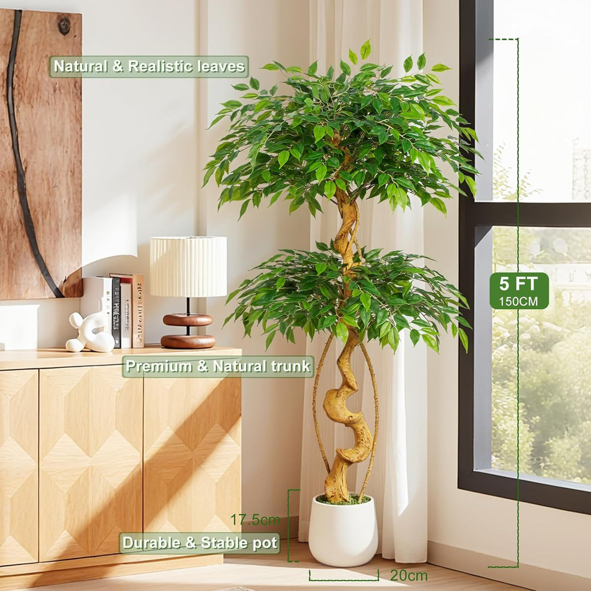6ft Large Ficus Artificial Trees in White Pot, 72" Tall Fake Silk Tree with Natural Curved Trunk, Lush Faux Ficus Tree for Indoor Home Decor, Living Room, Office & Patio